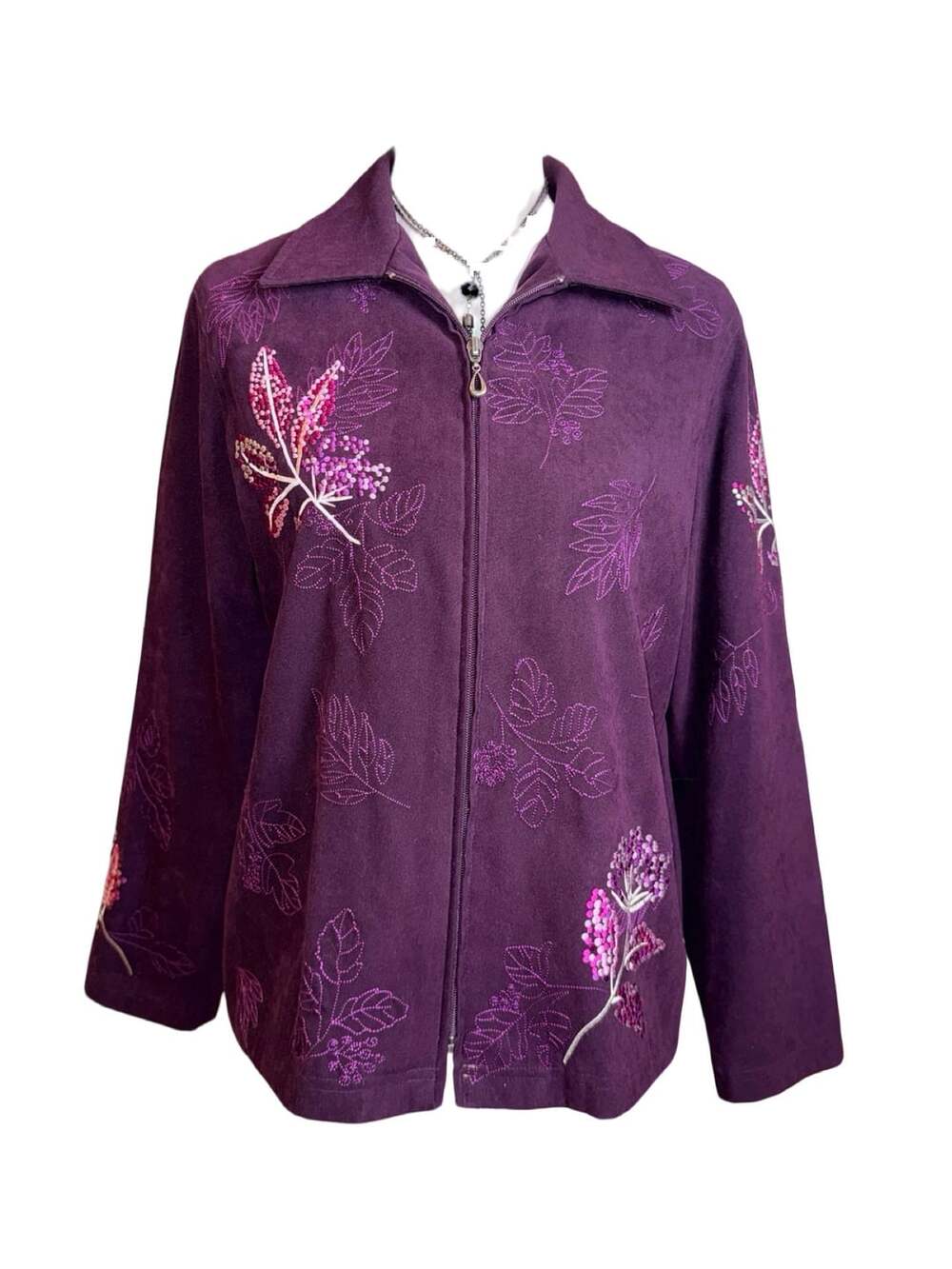 Allison Daley Purple Faux Suede Embroidered Floral Zip Jacket Size 8